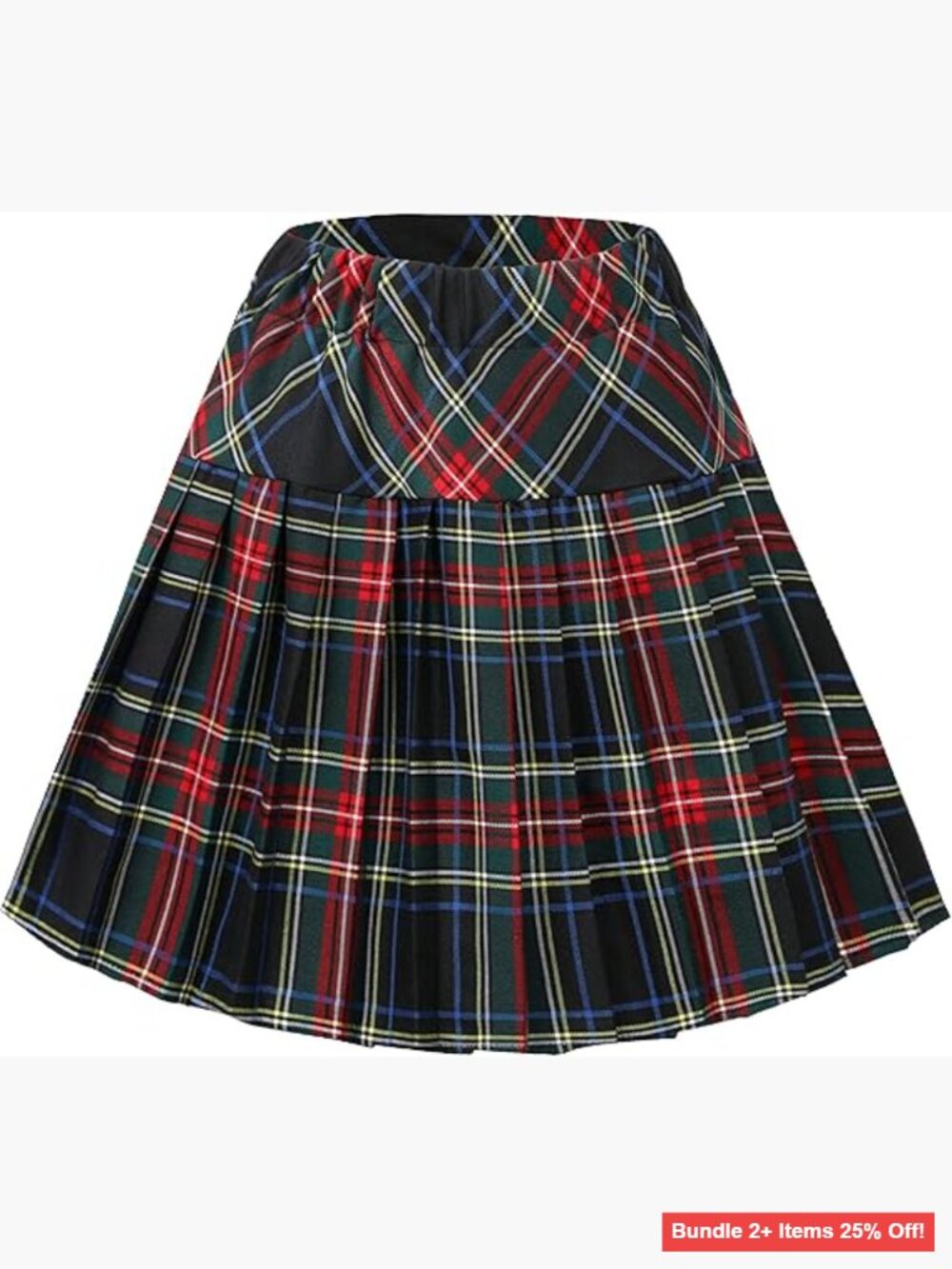 Large Pleated Tartan Skater Mini Skirt with Elastic Waist